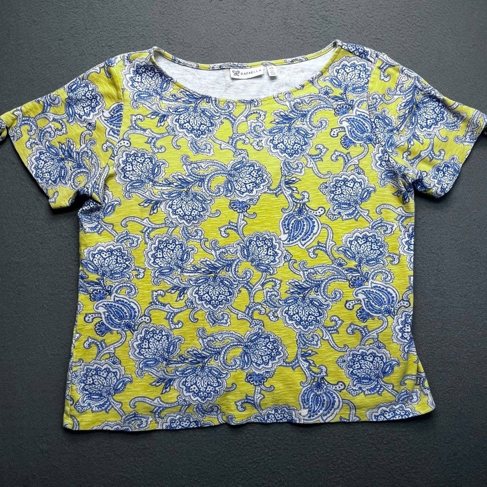 Rafaella Womens Top Yellow Blue Floral Print Tie Sleeve Crew Neck T Shirt Large